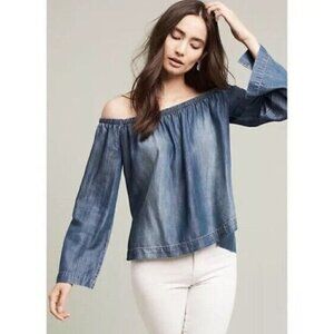 Cloth & Stone Anthropologie Sz XS Off Shoulder Chambray Denim Blouse Top Womens